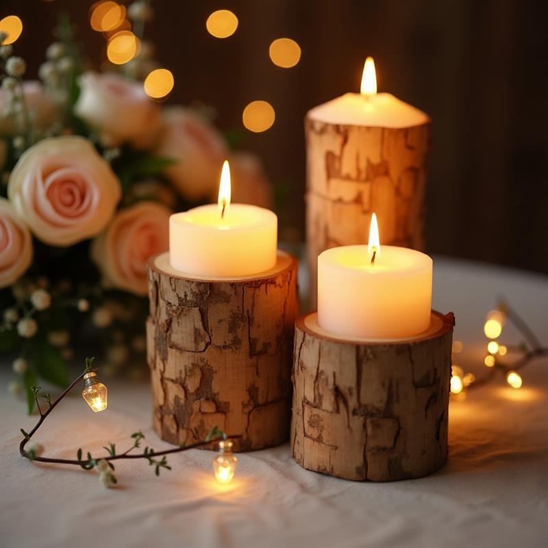 “Rustic Glow” Natural Wood Candle Holder Set
