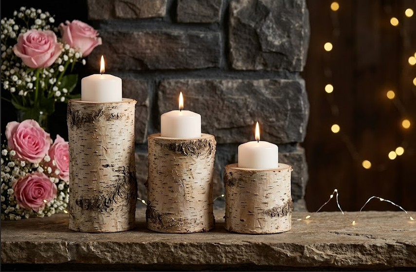 “Rustic Glow” Natural Wood Candle Holder Set