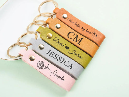 Personalized BirthFlower Engraved Leather Keychain