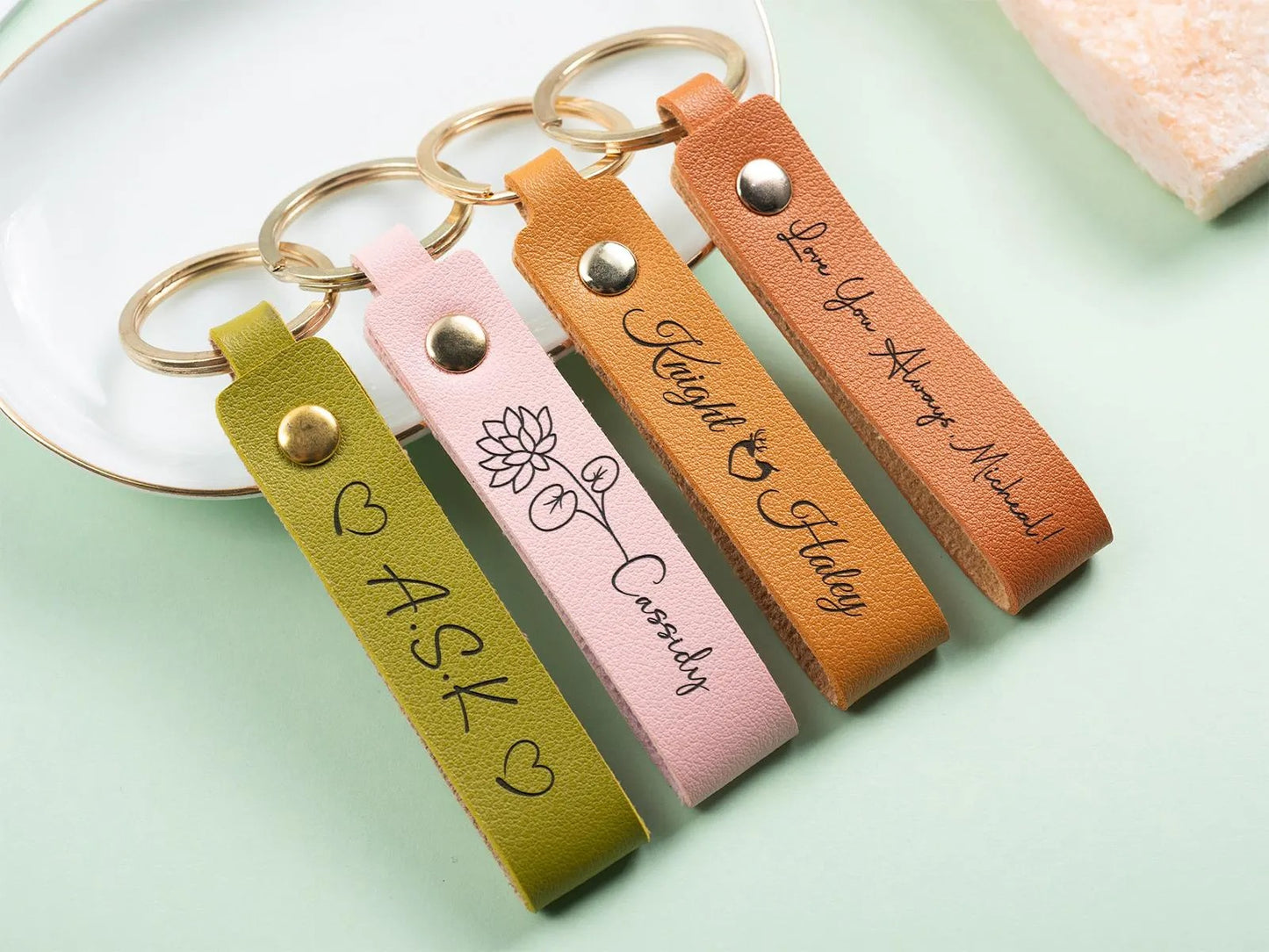 Personalized BirthFlower Engraved Leather Keychain