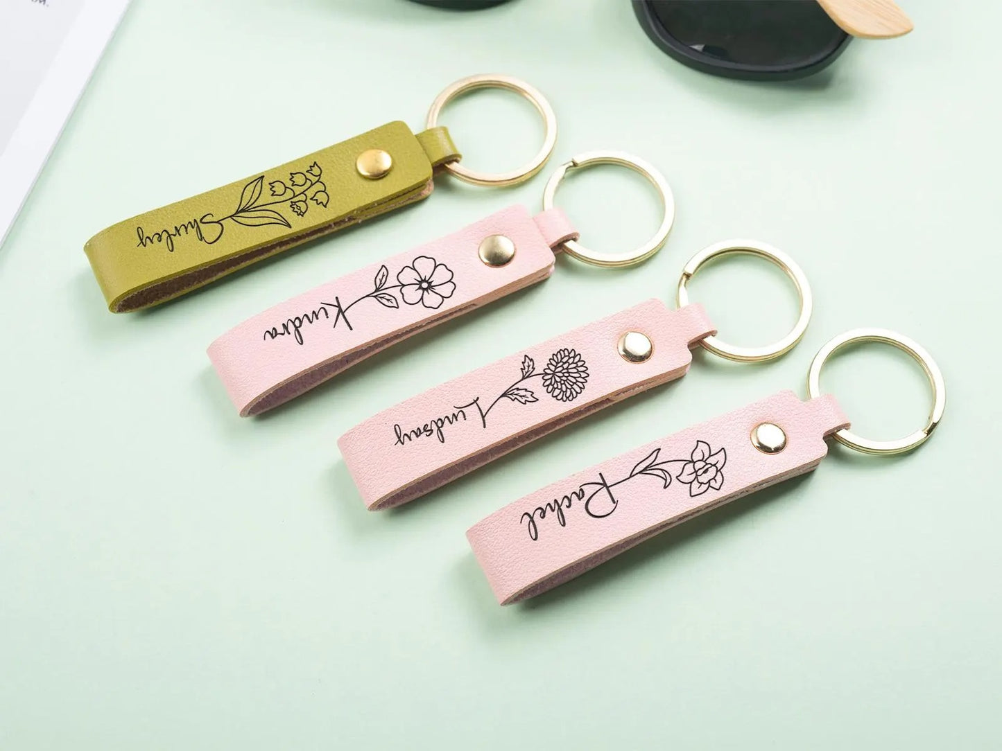 Personalized BirthFlower Engraved Leather Keychain