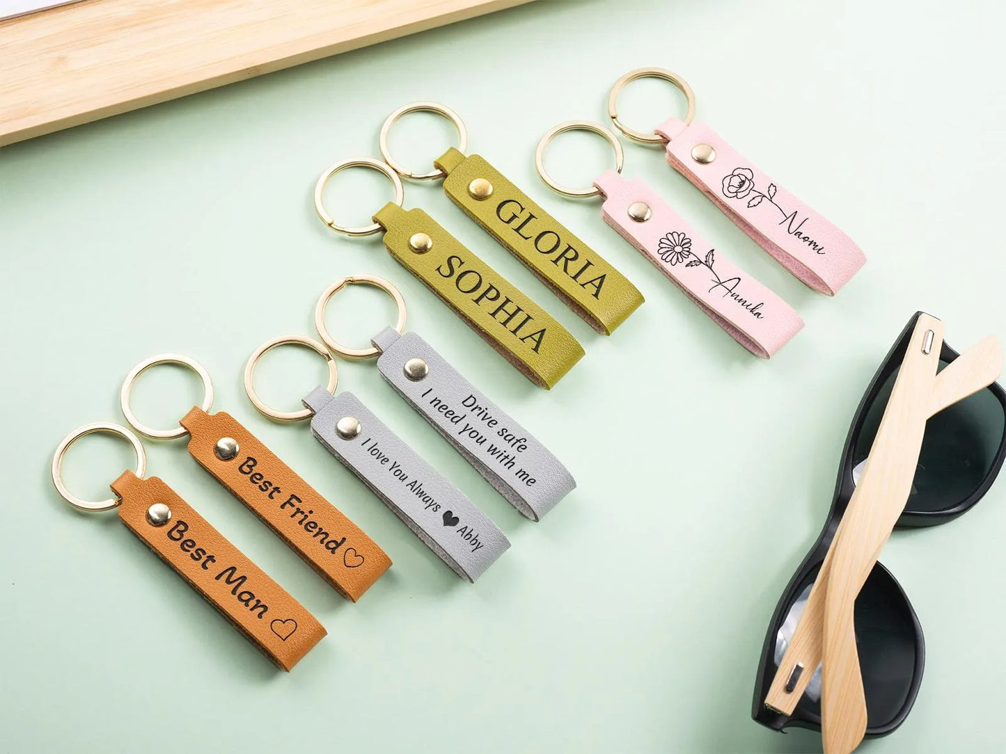 Personalized BirthFlower Engraved Leather Keychain
