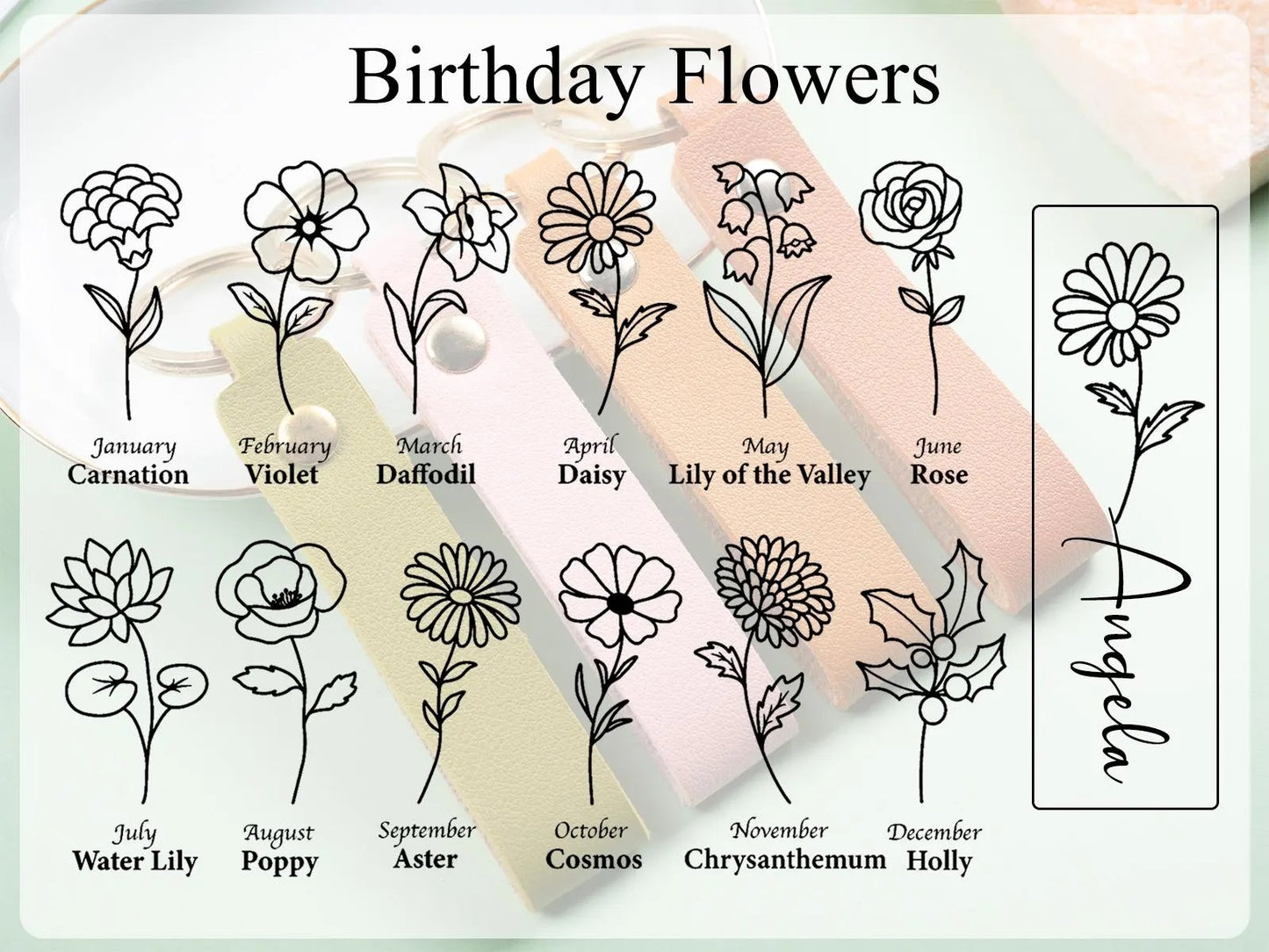 Personalized BirthFlower Engraved Leather Keychain