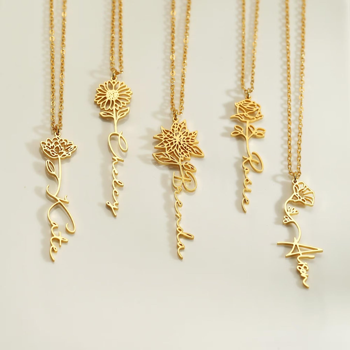 Custom Birth Flower Name Necklace