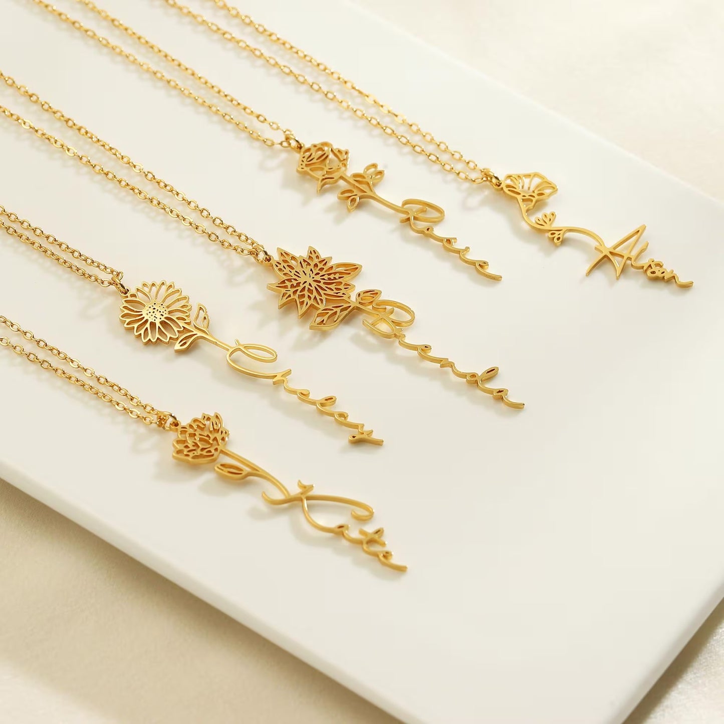 Custom Birth Flower Name Necklace