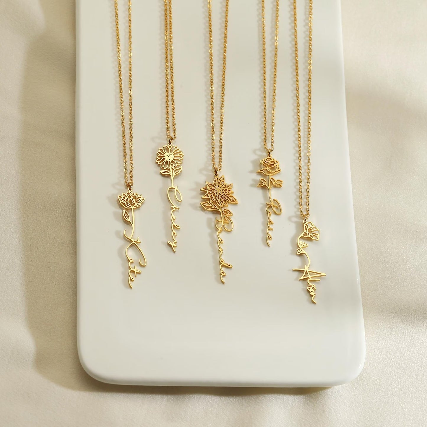 Custom Birth Flower Name Necklace