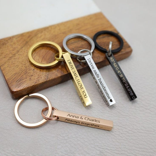 Personalized 4 Sided Bar Keychain Engraved With Custom Name or Message